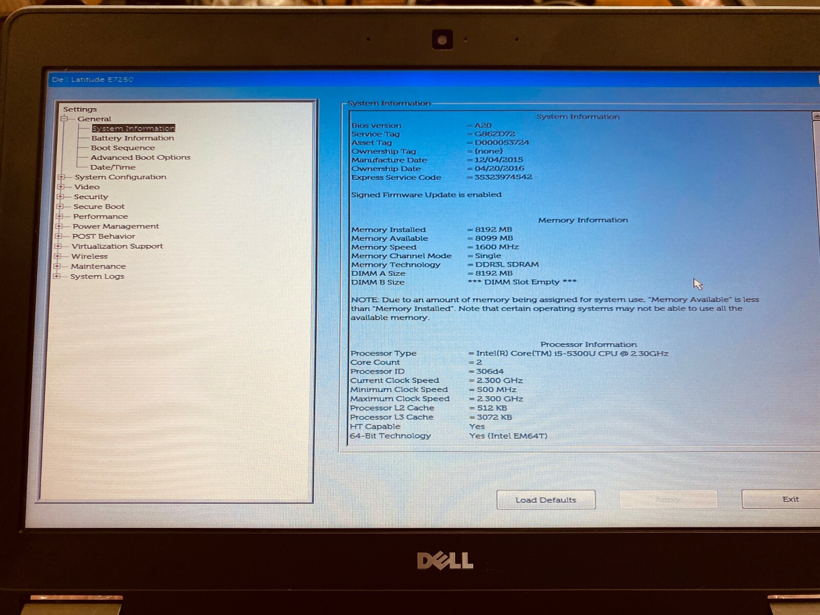 GENUINE DELL LATITUDE E7250 i5 G5 2.3GHz RAM 8GB W/ BATTERY -PHOTOS FOR DETAIL