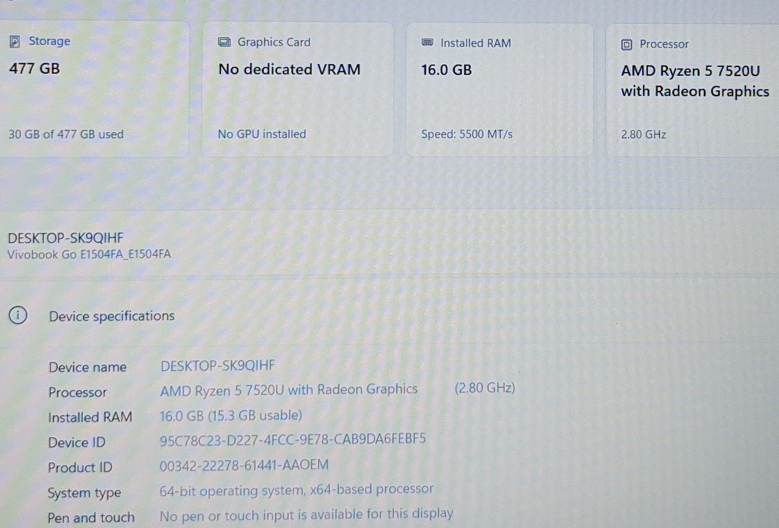 Asus Vivobook E1504F R5-7520U, 16GB RAM, 512GB SSD