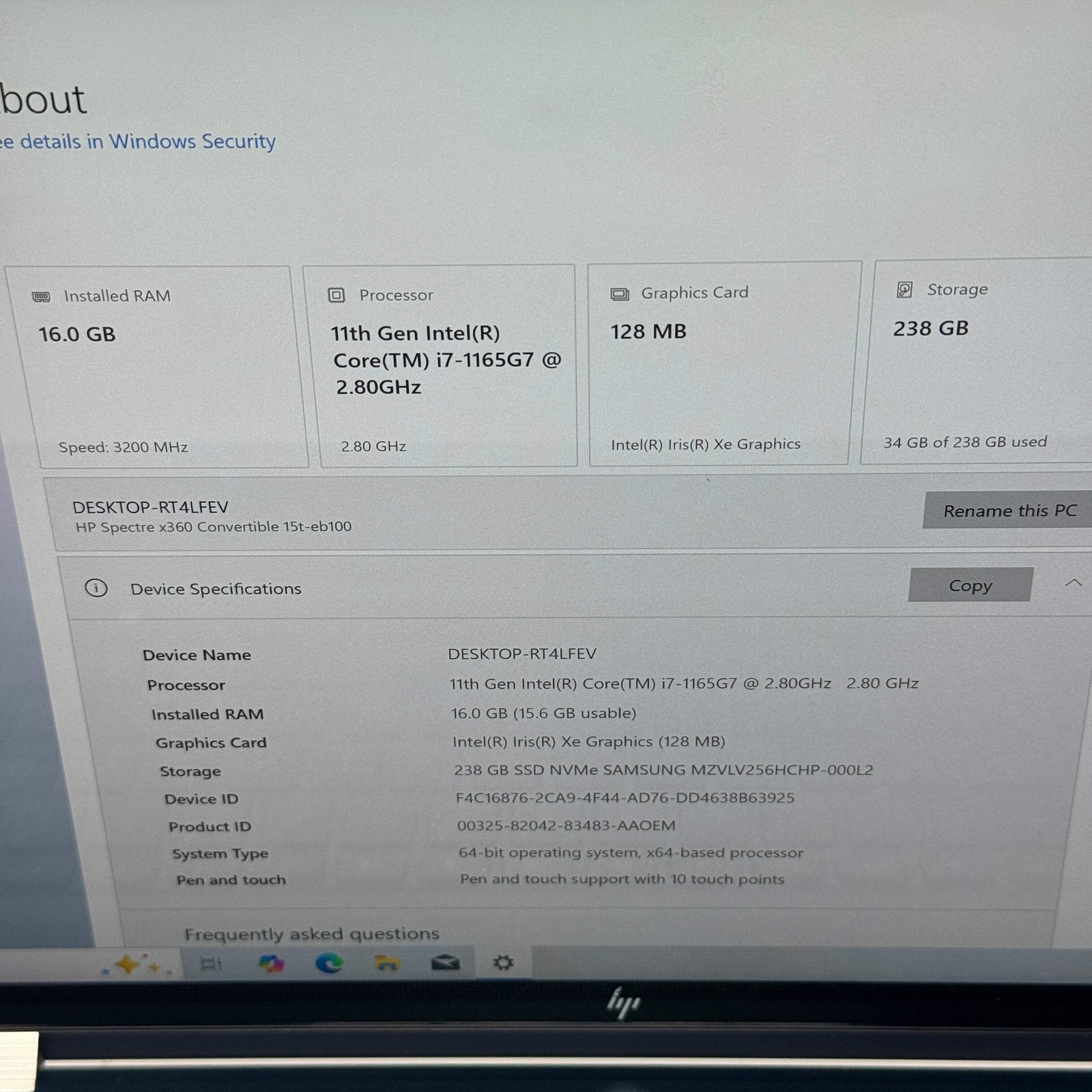 HP Spectre 15T-EB100 15.6″ i7-1165G7 2.8GHz 16GB RAM 256GB SSD
