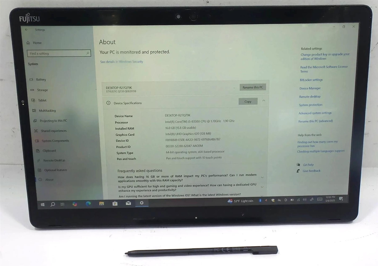 Fujitsu Stylistic Q738 Core i5-8350U 1.7GHz 16GB 256GB Windows 10