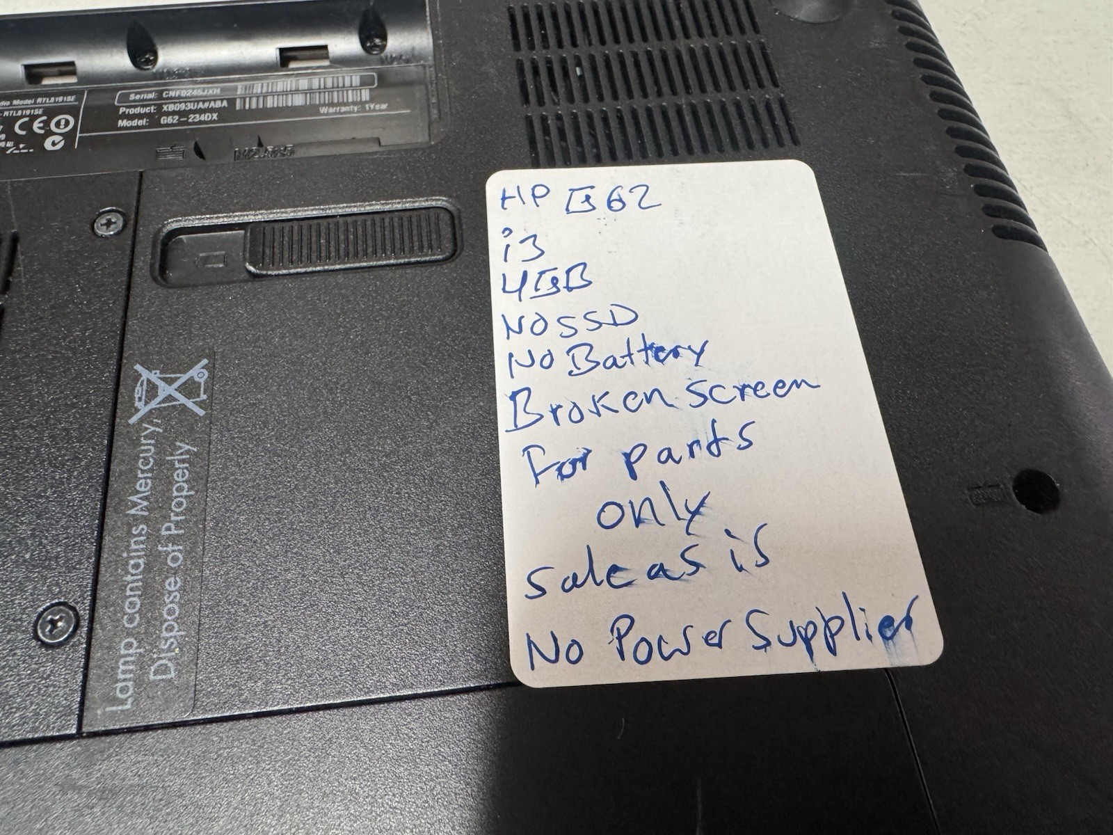HP G62 i3 4GB RAM Broken Screen No SSD No Battery No Charger For Parts