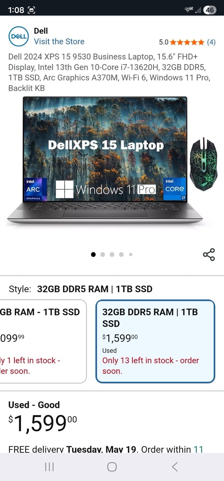 Dell XPS 15 9530 15.6″ FHD+ i7-13620H 32GB 1TB SSD Arc A370M W11P