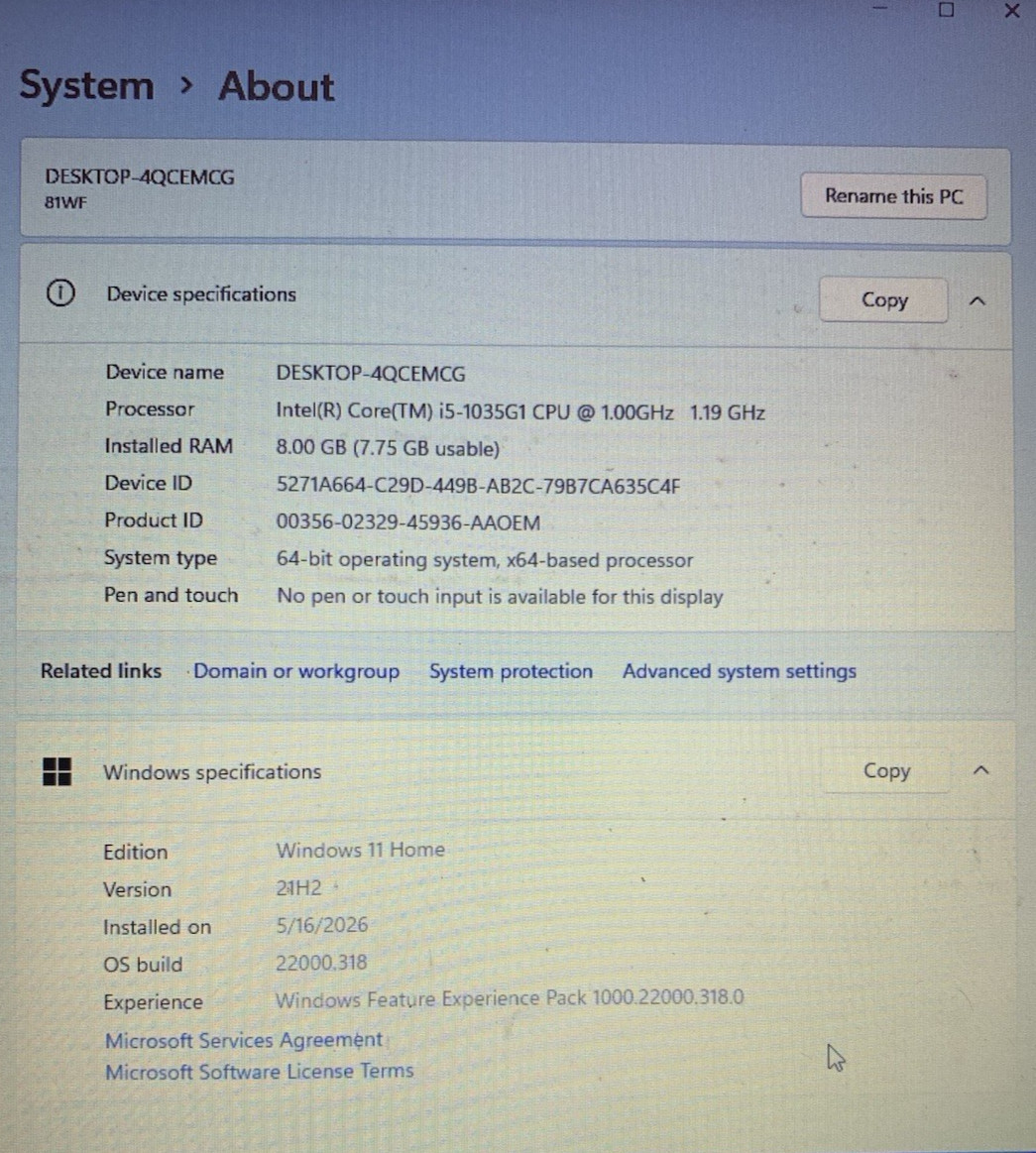 Lenovo IdeaPad 3 17IIL05 Intel Core i5-1035G1 1.00GHz 8GB Ram 256GB SSD W11H