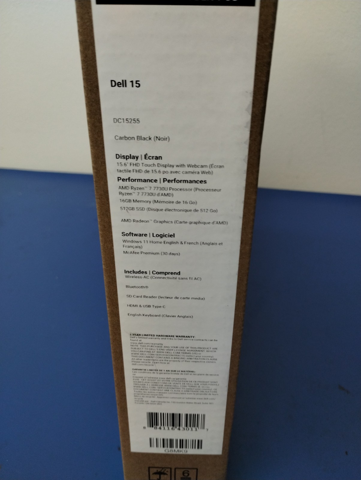 DELL 15 DC15255 G8MK9, AMD Ryzen 7 7730U, 2.00 GHz, 16 GB RAM 512 GB NVMe SSD