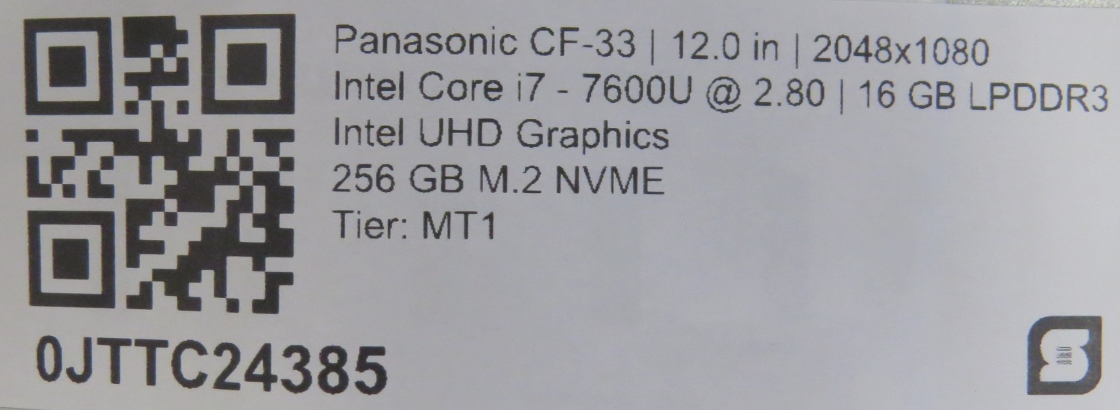 Panasonic Toughbook CF-33 MK1 i7-7600U @ 2.8GHz 16GB DDR3 256GB m2 12″ No OS/AC