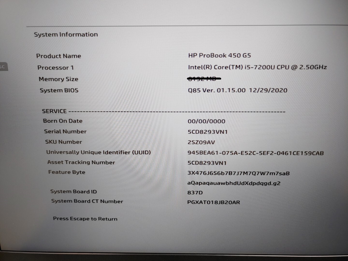 HP ProBook 450 G5 15.6″ Intel i5-7200U✔ **NO RAM/NO HDD/NO AC** *BIOS PASSWORD*