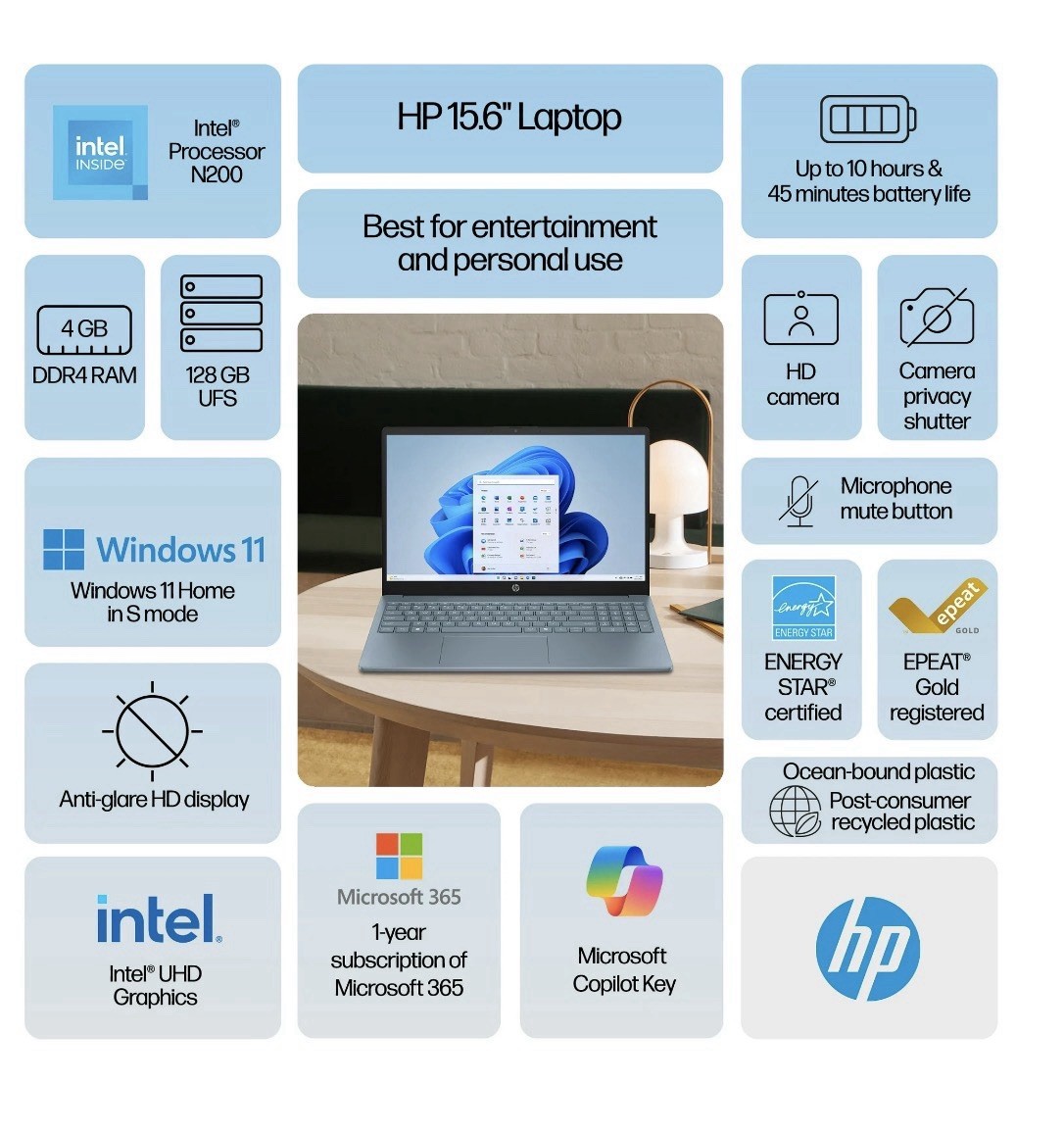 HP 15.6″ HD Laptop, Intel 4-Core N200, 8G RAM 128GB SSD, Win 11, 1-Year MS 365