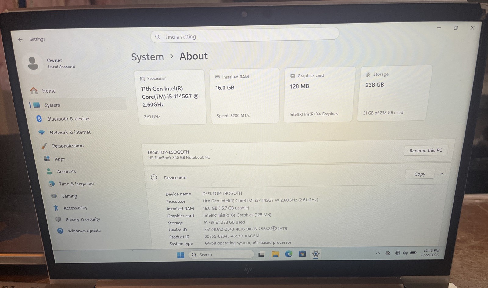 HP EliteBook 840 G8 14″ i5-1145G7@2.6GHz, 8GB RAM, 256GB M2, Win 11 Pro *READ
