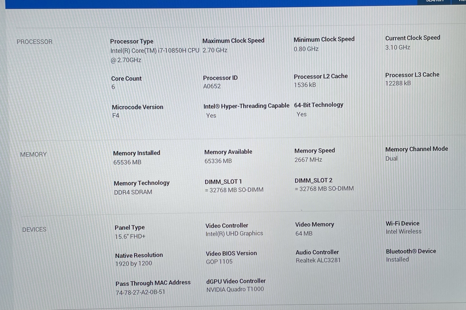 Dell Precision 5550 i7-10850H 2.70GHz 15″ 64GB RAM 256GB SSD–GRADE D