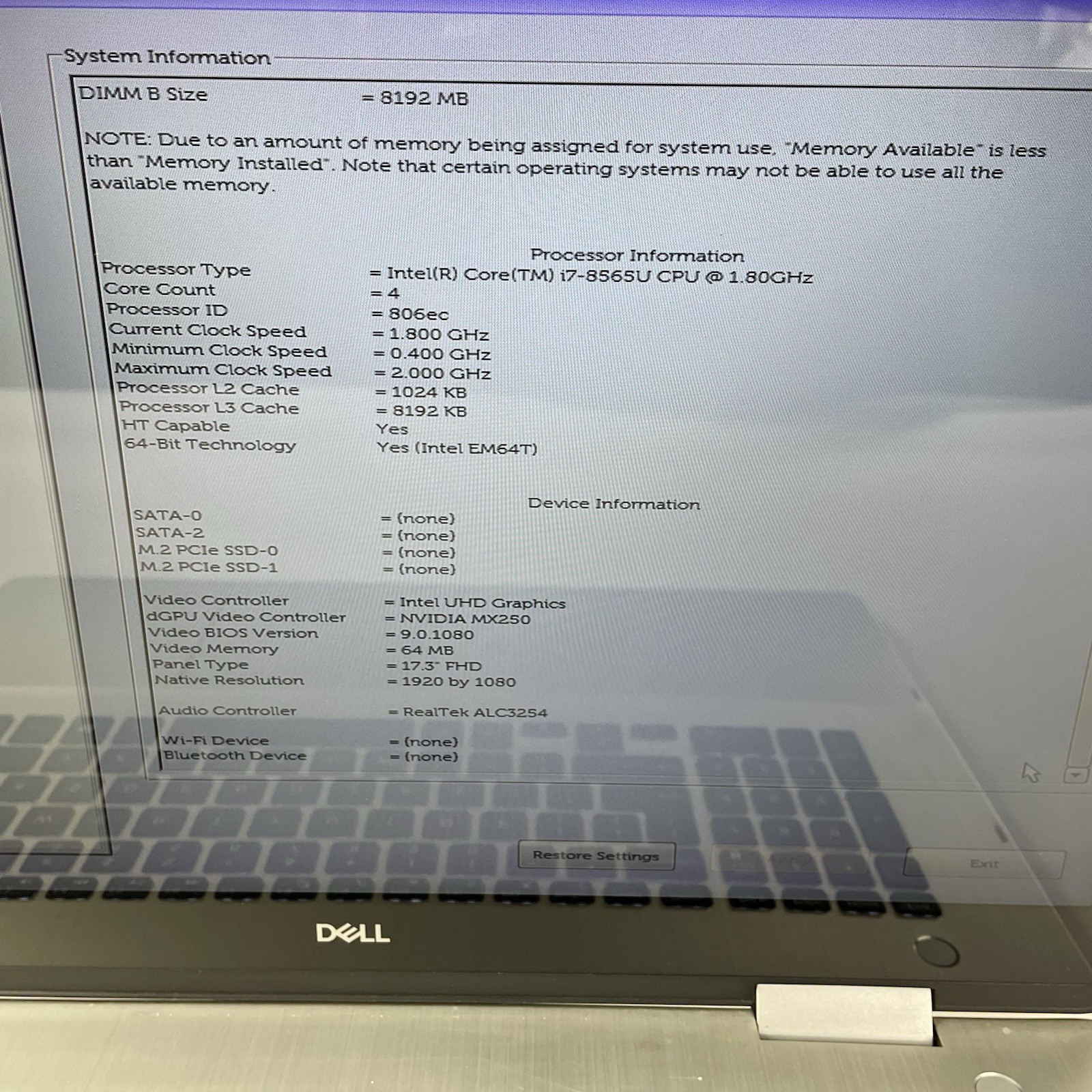 Dell Inspiron 7786 17.3″ i7-8565U 1.80 GHz 8 GB RAM No SSD/OS/AC NVDIA MX250
