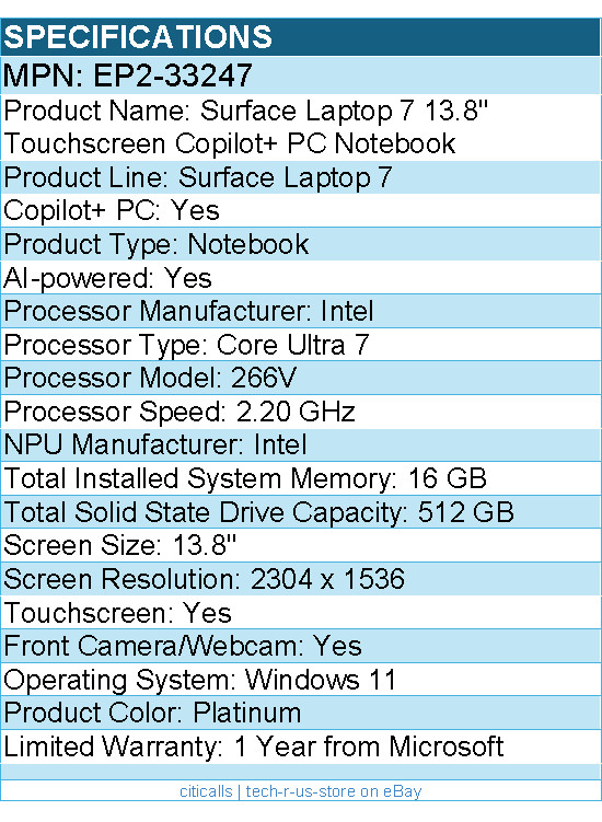Microsoft EP2-33247 Surface Laptop 7 13.8″ Touchscreen Copilot+ PC Notebook