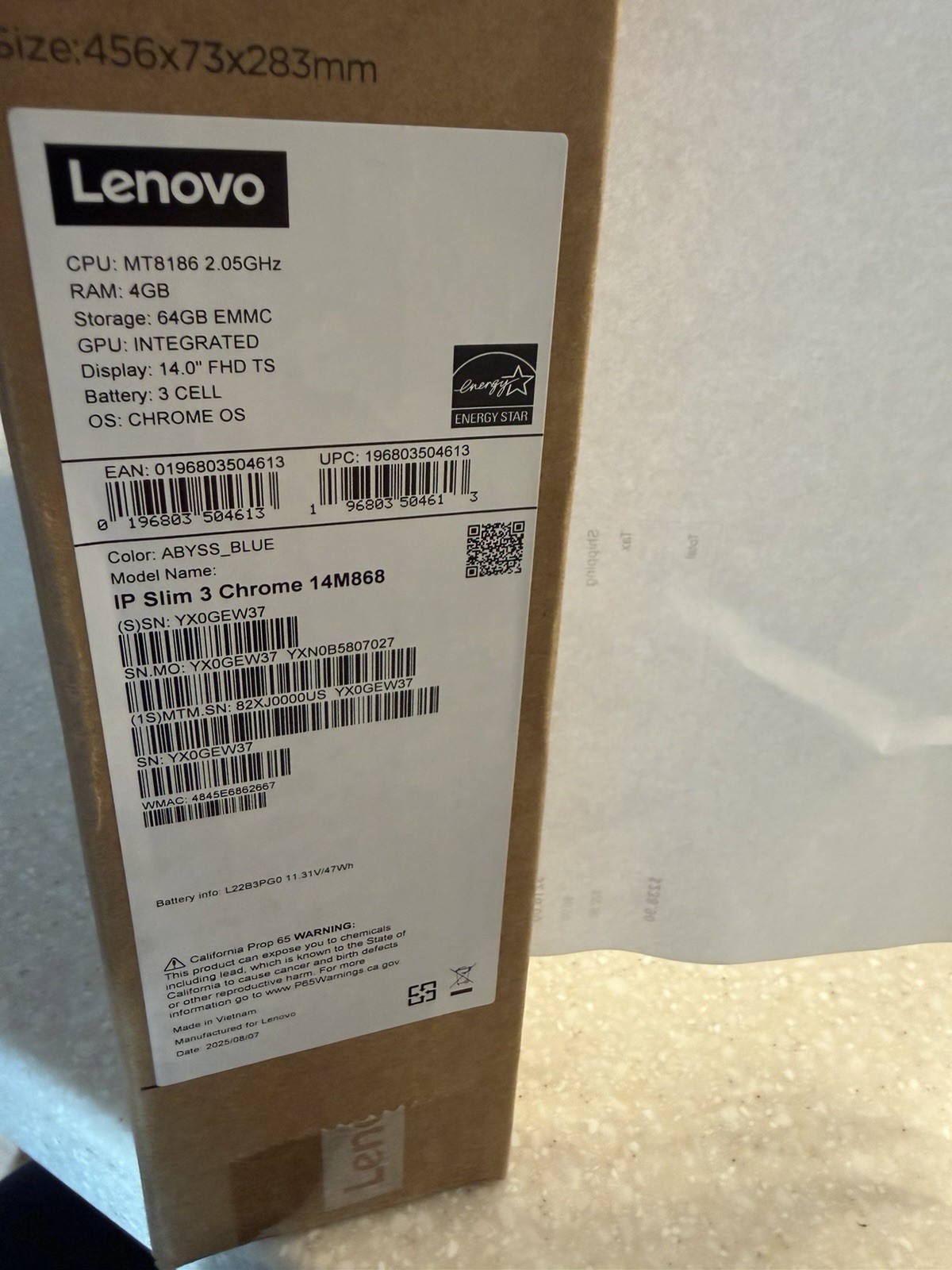 Lenovo Slim 3 Chromebook 14” FHD Touchscreen, MediaTek K 520, 4GB RAM, 64GB eMMC