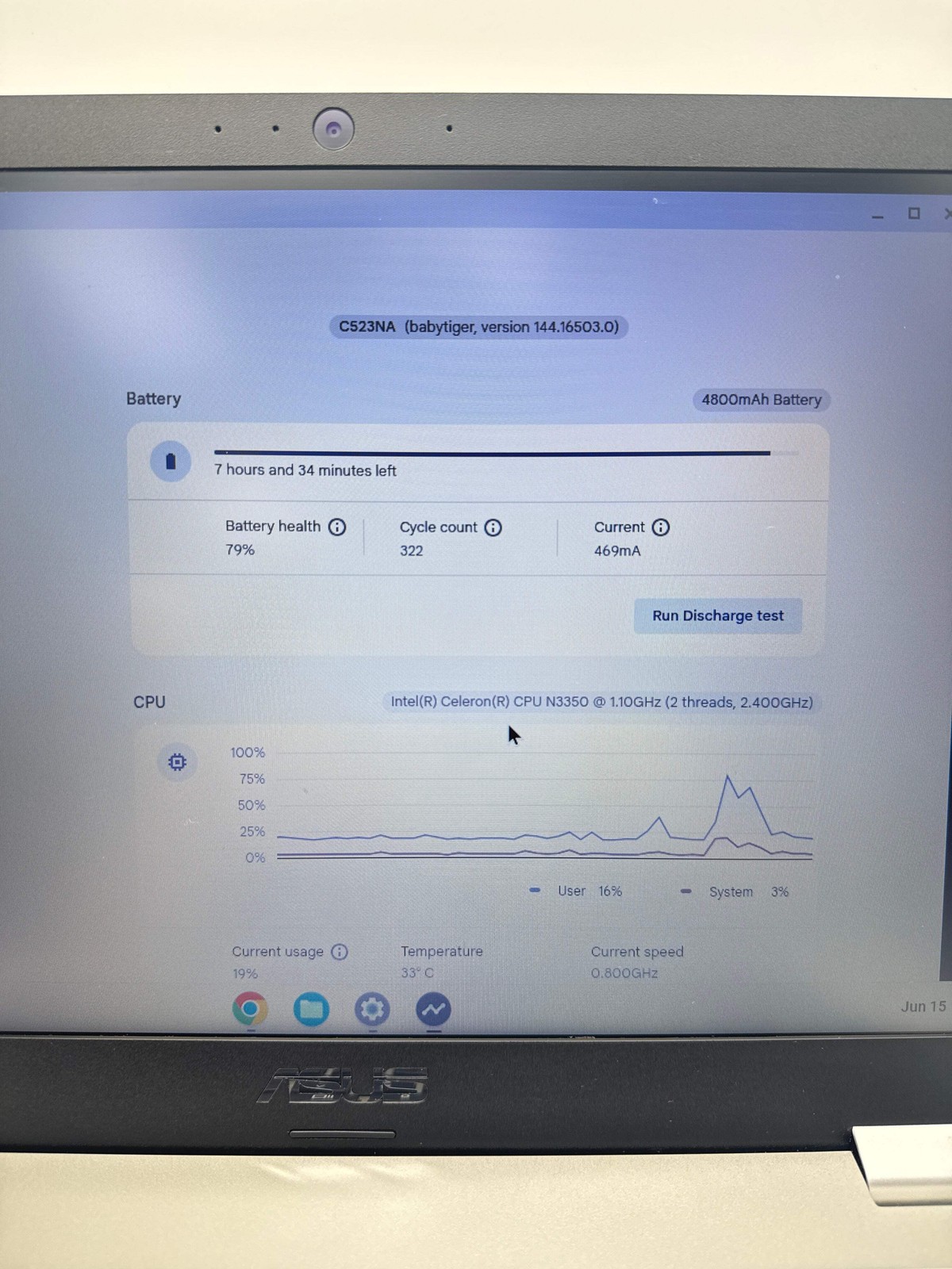 Asus Chromebook C523NA 15.6″ Celeron N3350 4GB RAM 32GB eMMC Grey Used