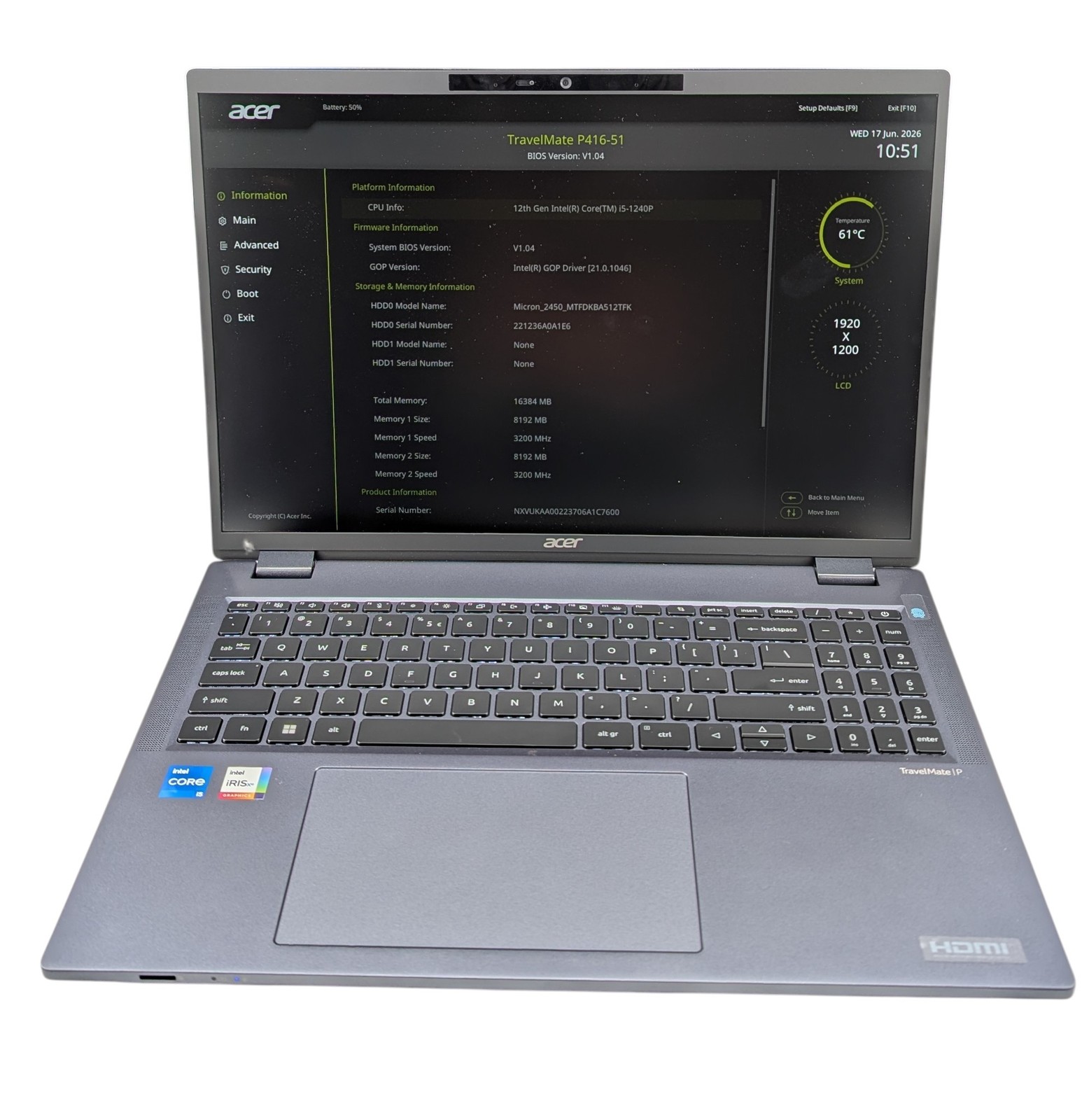 Acer TravelMate P416-51 16″ i5-1240P – 16GB RAM 512GB SSD – Grade D