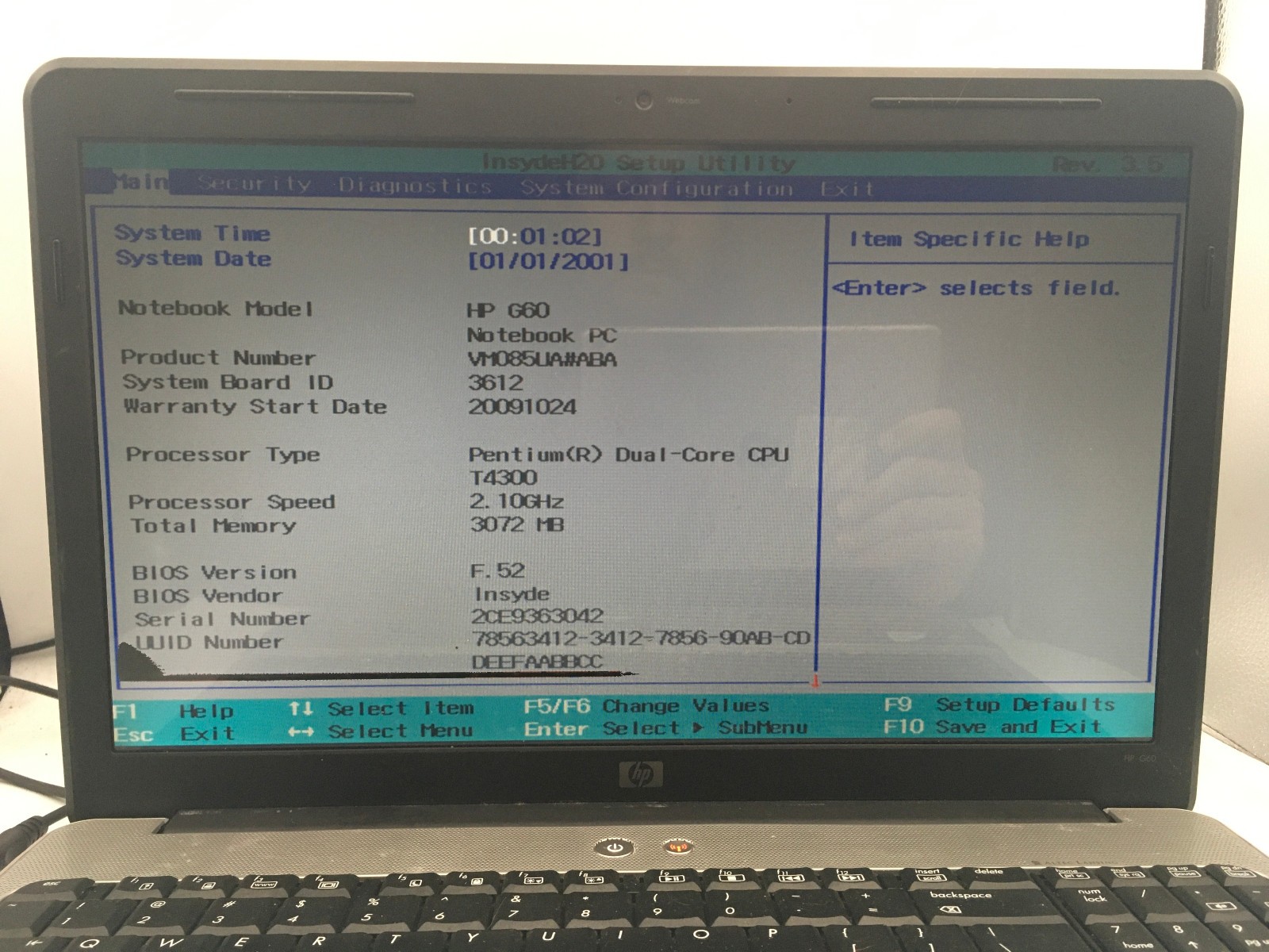 HP G60 NOTEBOOK – BOOTS TO BIOS – INTEL PENTIUM DUAL CORE – 3GB RAM – READ – BB