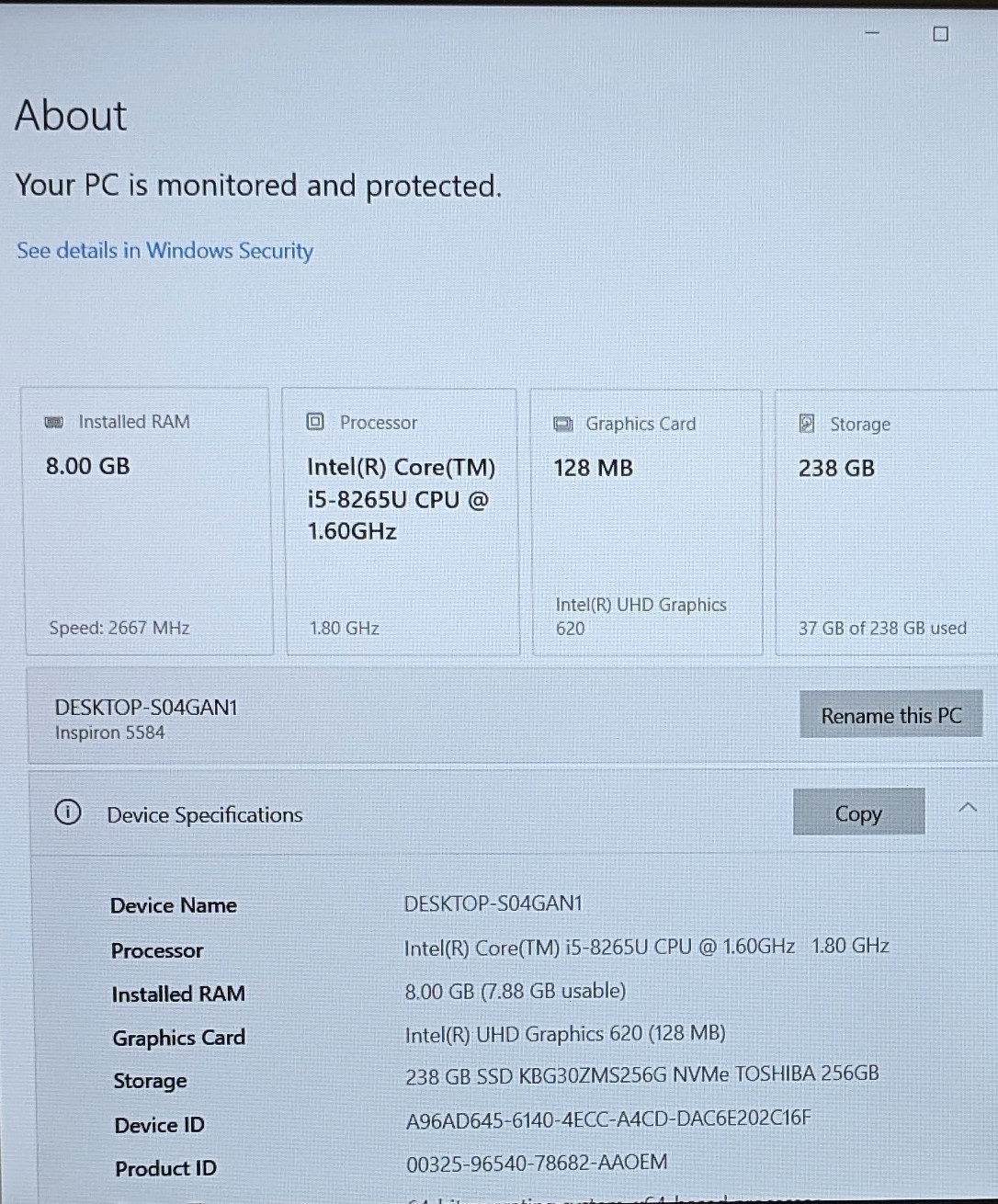 Dell Inspiron 15 5000 Intel Core i5-8265U, 8GB Ram, 256GB SSD