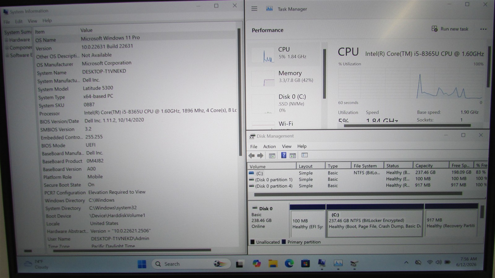Dell Latitude 5300 i5-8365U 1.6GHz 8GB RAM 256GB NVME 13.3″ Win 11 Pro COSM DMG