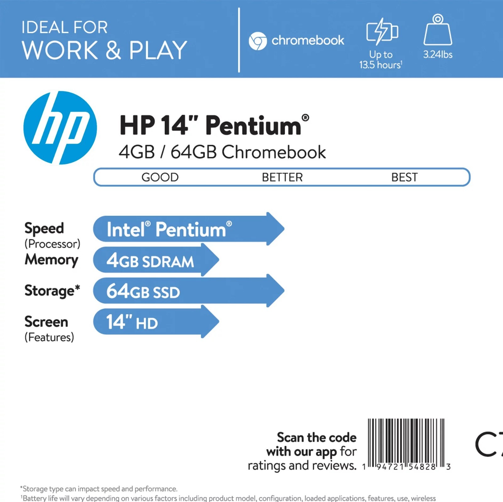 New HP 14a-na0031wm Chromebook 14″ HD Laptop Intel Pentium N5030 4GB RAM 64GB
