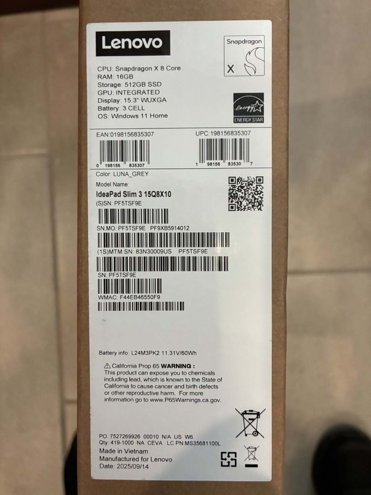 Lenovo IdeaPad Slim 3x 15Q8X10 15.3″ Snapdragon X 8-Core 16GB RAM 512GB Wi-Fi 7