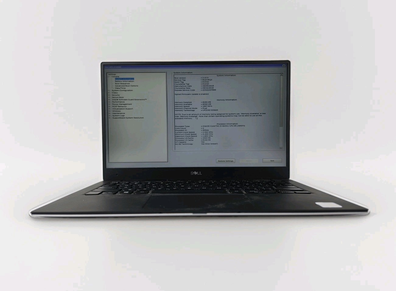 Dell XPS 13 9360, Intel Core i5-8250U @ 1.6GHz, 8GB RAM, NO SSD Laptop