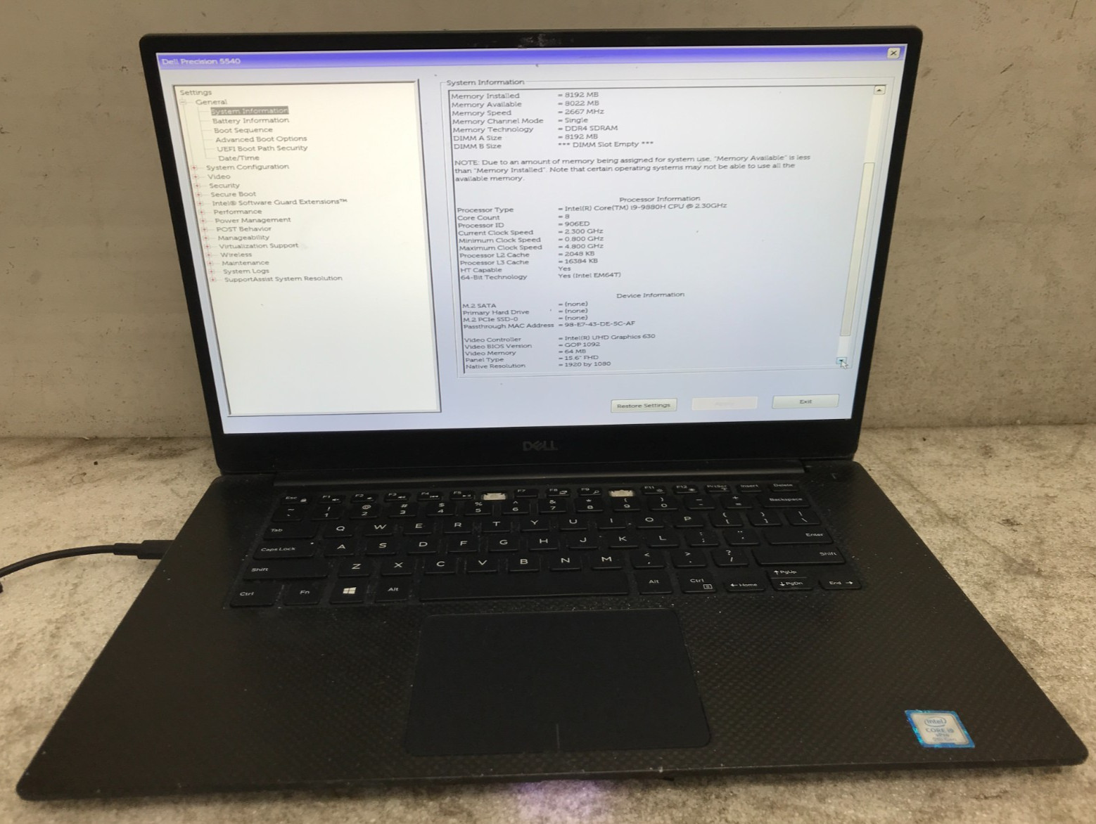Dell Precision 5540 / Intel Core i9-9880H 2.30GHz / 8GB RAM / No SSD