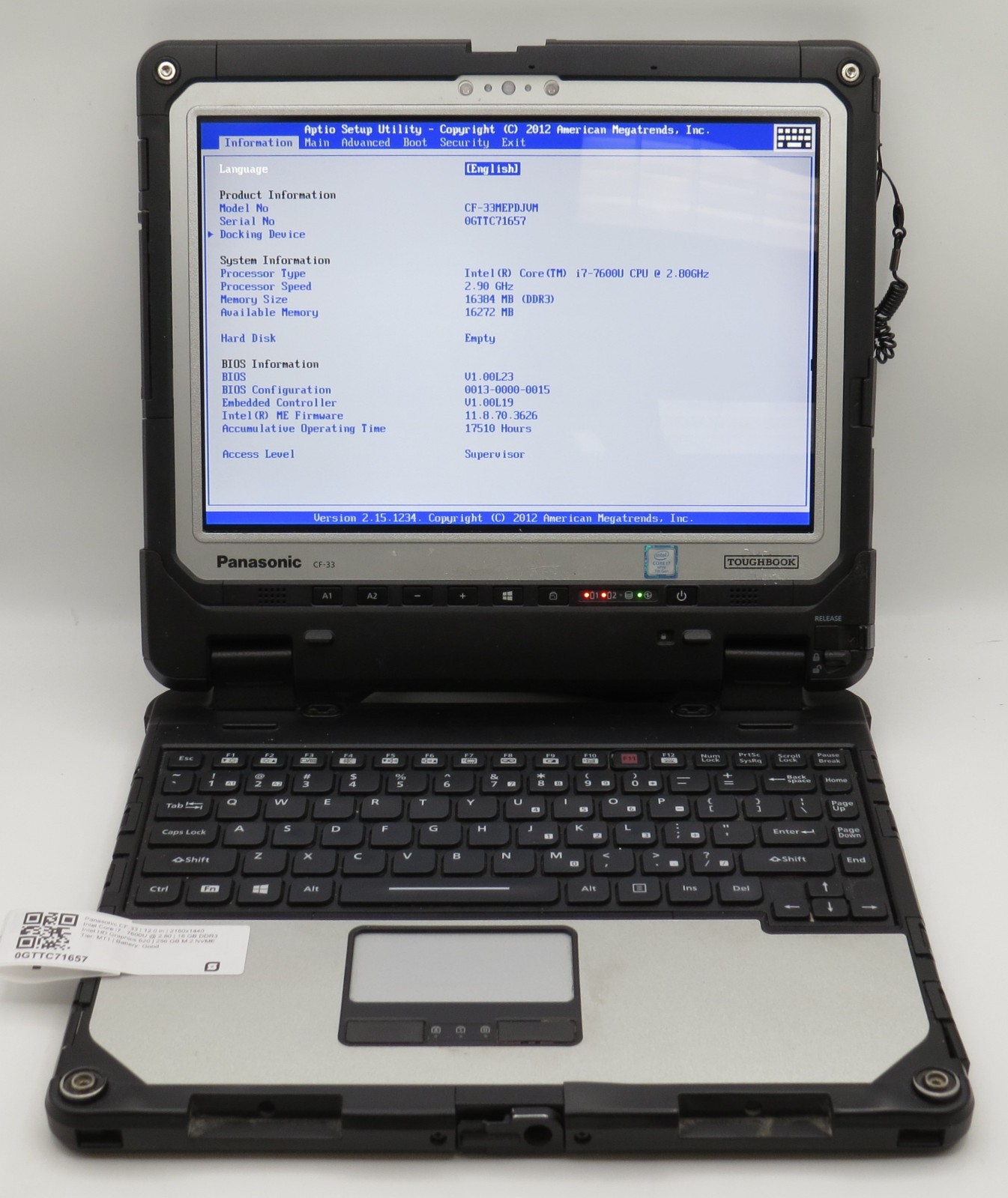 Panasonic CF-33 Toughbook | i7-7600U@2.8 | 16/256GB SSD | 12″ Touch | No OS/AC