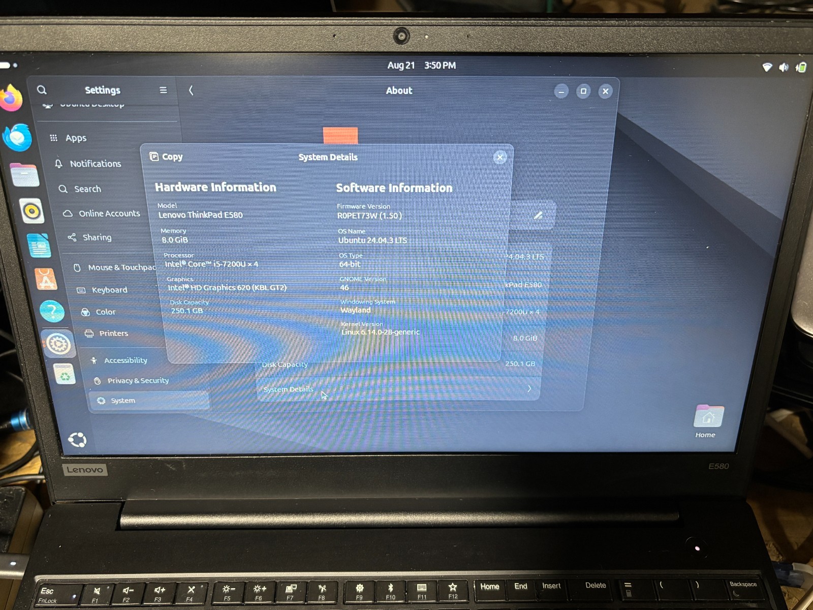 LENOVO THINKPAD E580 i5-7200U @ 2.5GHz 8GB RAM 250GB SSD