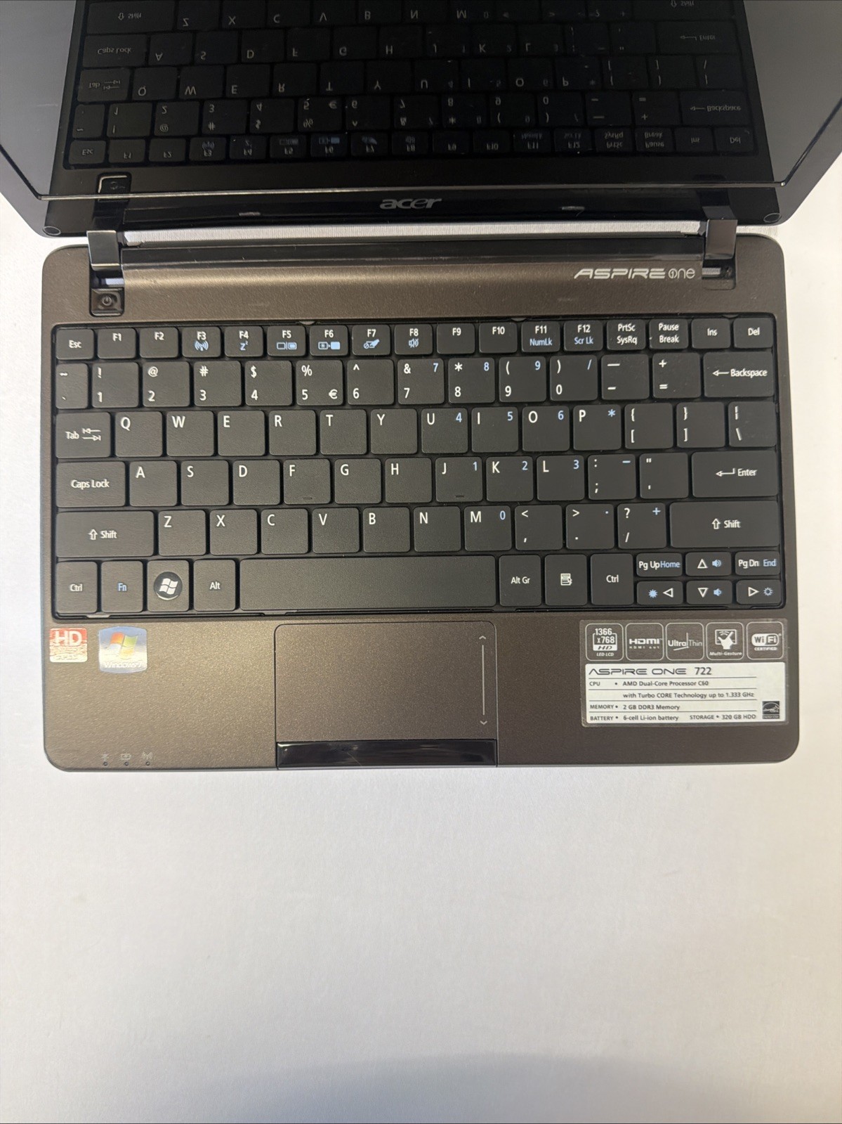 Acer Aspire One 722 Laptop – Good Screen – AMD C-60 – Read Des