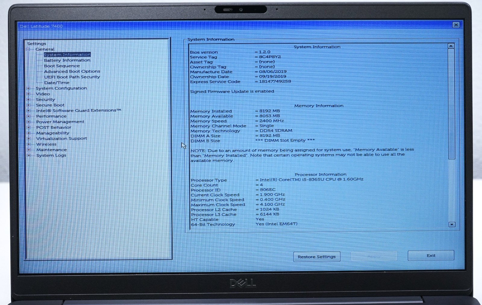 Dell Latitude 7400 – Intel Core i5-8365U @1.60GHz 8GB RAM – No SSD