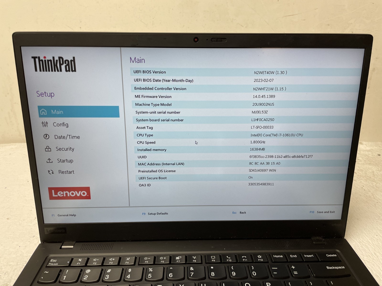 Lenovo X1 Carbon 8th Gen Core i7-10610U @1.80GHz 16GB RAM NO SSD For Parts