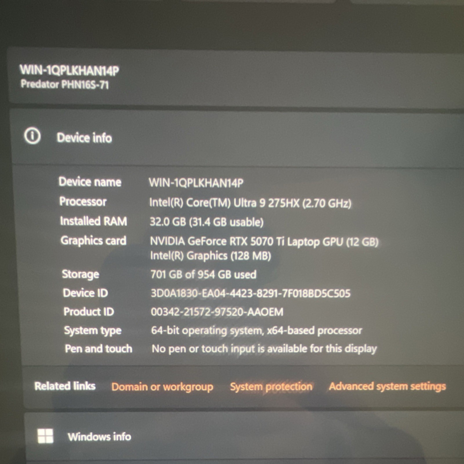 Acer Predator PHN16S-71 16in Core Ultra 9 2.70GHz 32GB 1TB RTX 5070 Ti W11
