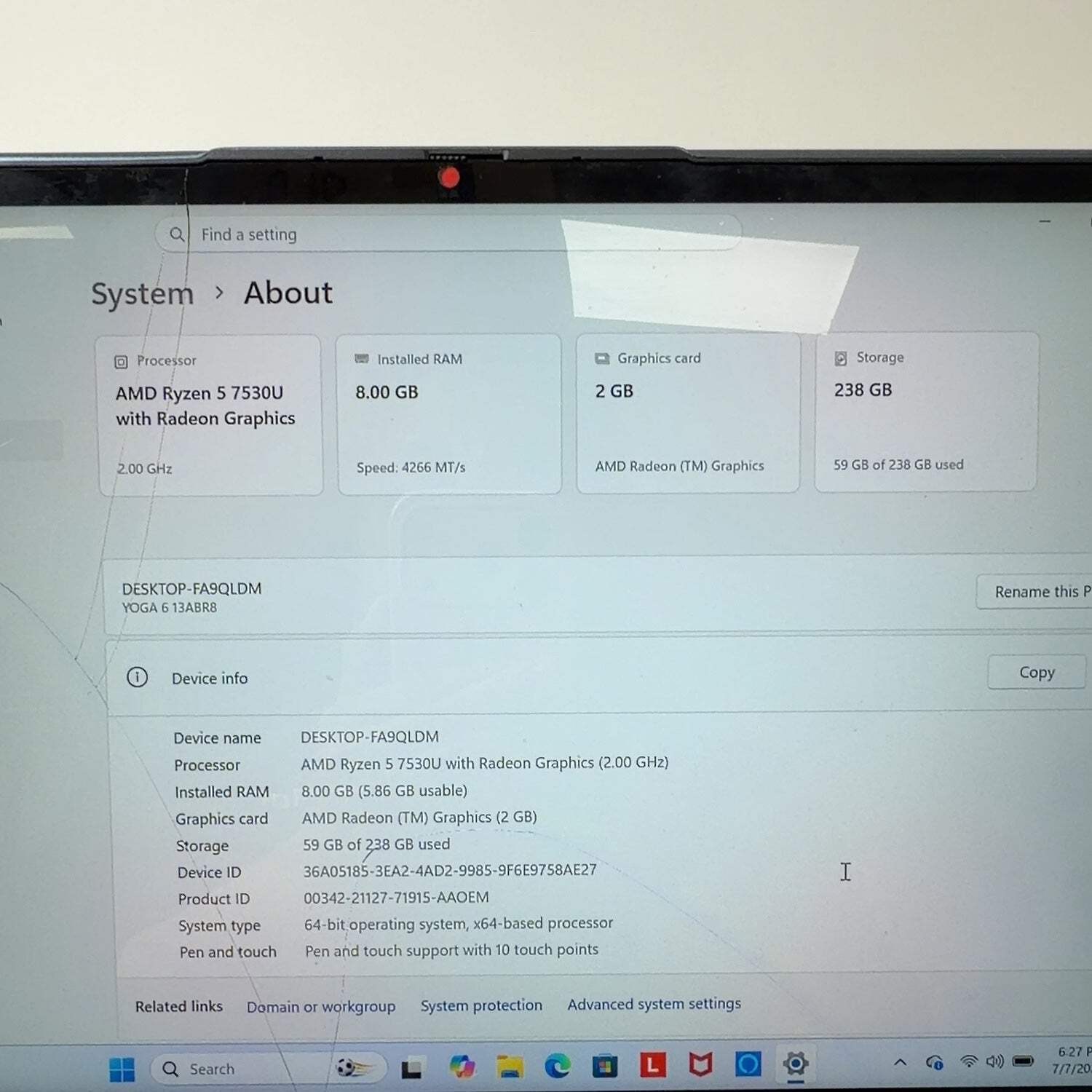 Broken Lenovo Yoga 6 2-in-1 13abr8 13.3″ Ryzen 5 7530U 2.0GHz 8GB RAM Read