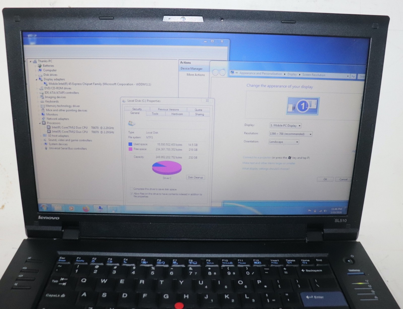 Lenovo ThinkPad SL510|IntelCore Duo@2.00GHz|4GB RAM|250GBHDD|WIN 7 Prof|WiFi