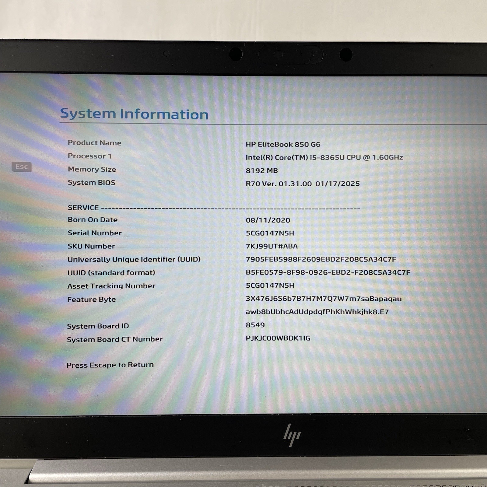 HP EliteBook 850 G6 15.6″ i5-8365U 1.60 GHz 8 GB RAM No SSD/OS/AC