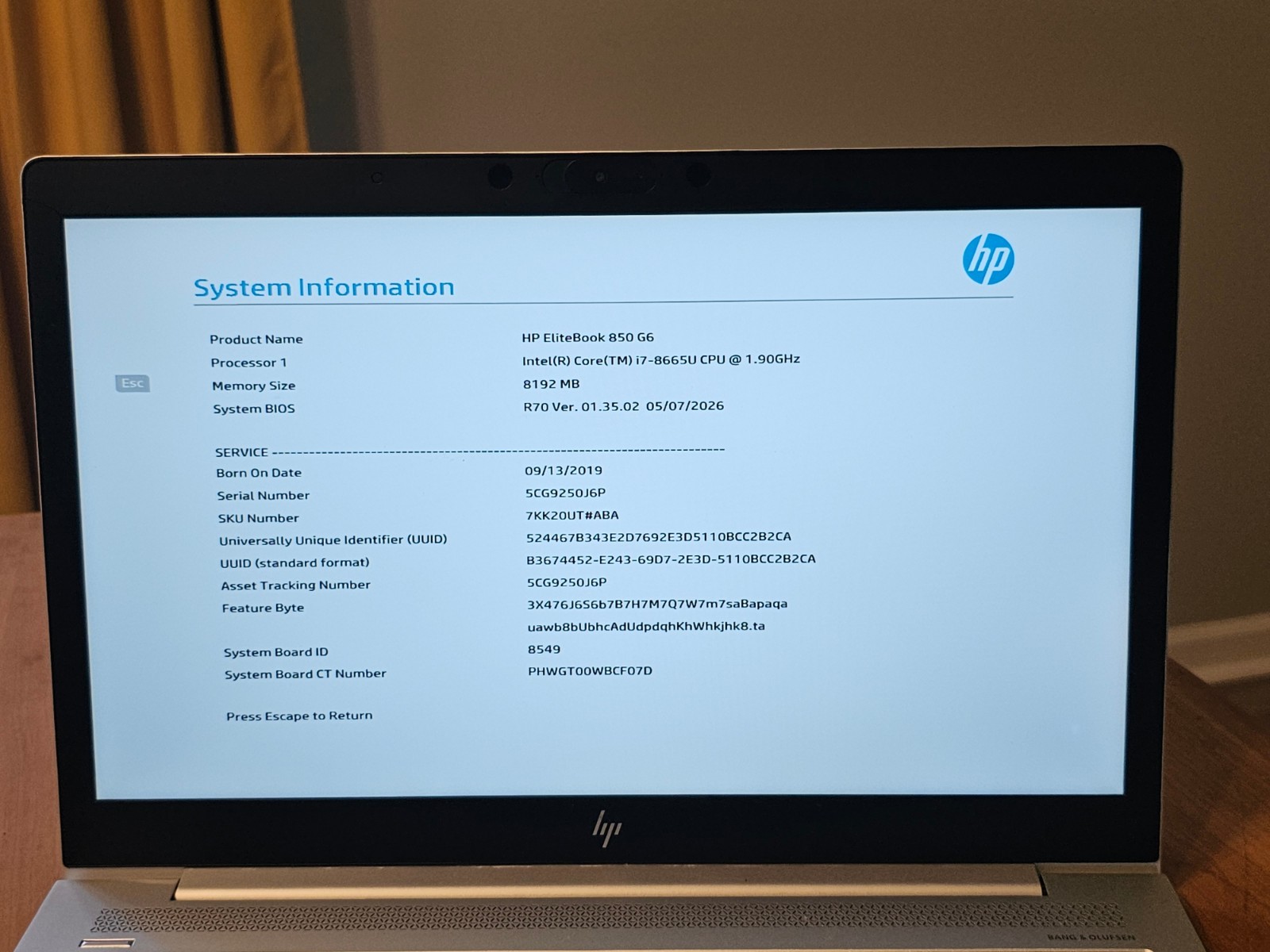 HP EliteBook 850 G6 i7-8665U 1.9/4.8GHz 8GB Full HD Bad Keys w/Battery No SSD AC