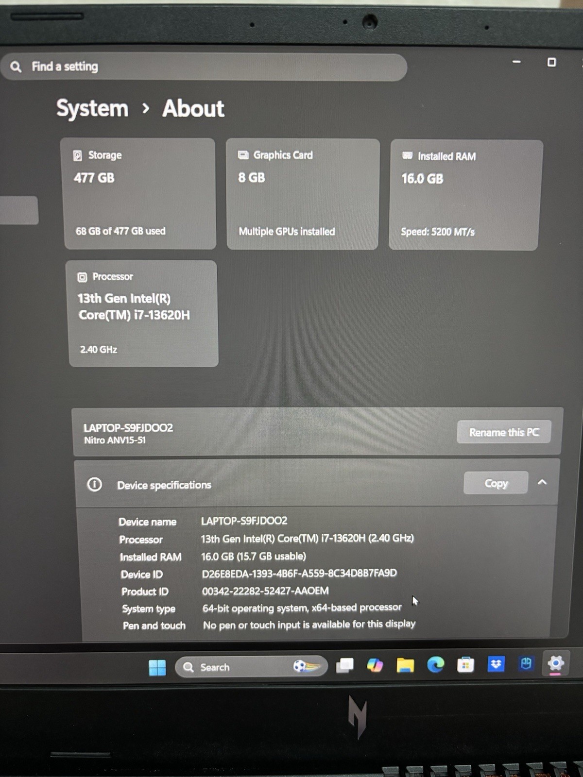 Acer V15 Gaming Laptop All Black 16GB RAM 512GB SSD i7 RTX 4060