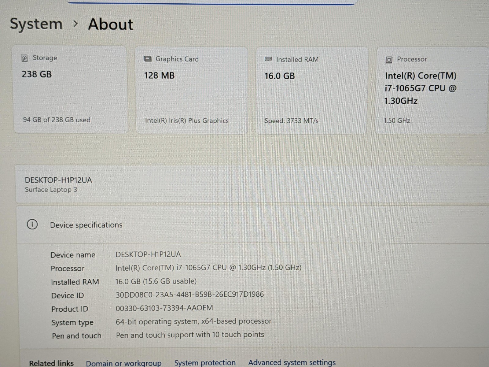 MS Surface Laptop 3 1867:1868 13.5″ 2256×1504 TOUCH i7-1065G7 1.3GHz 16GB 256GB