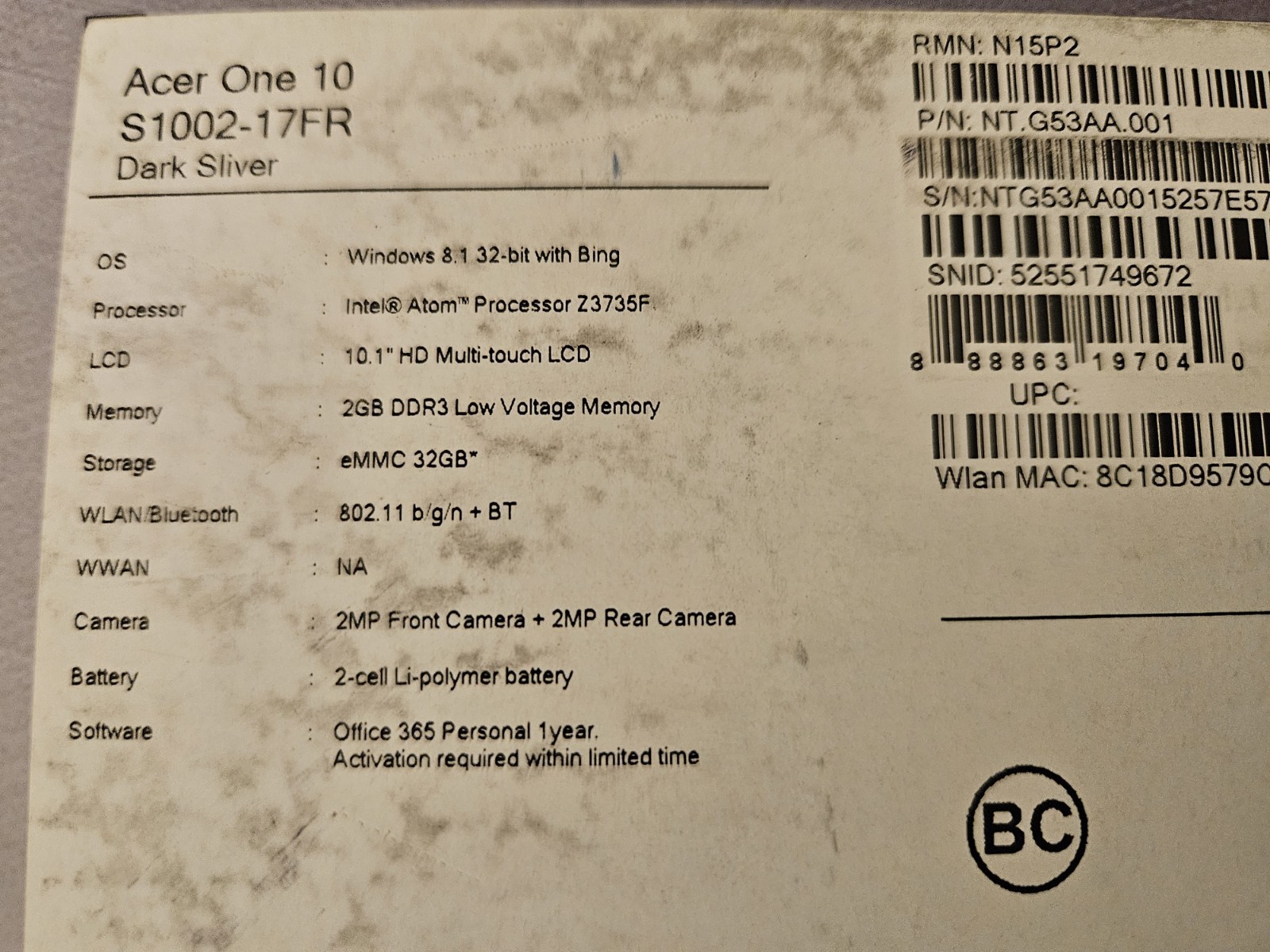 2015 ACER One 10 windows 10 S1002-17FR Dark silver Laptop with box