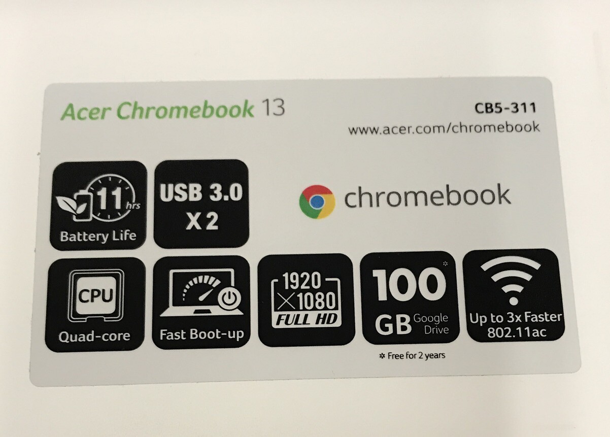 (For Parts) ACER CHROMEBOOK 13 CB5-311 100GB GOOGLE DRIVE WHITE – NO POWER CABLE