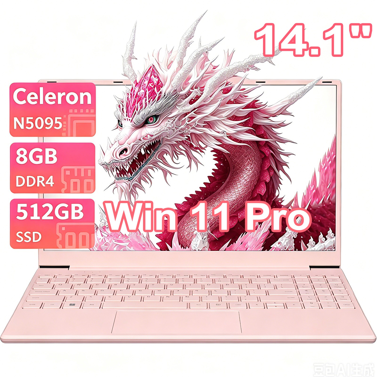 Thin Laptop 14.1″ FHD IPS N5095 Quad Core 8GB+512GB Privacy Camera Pink Notebook