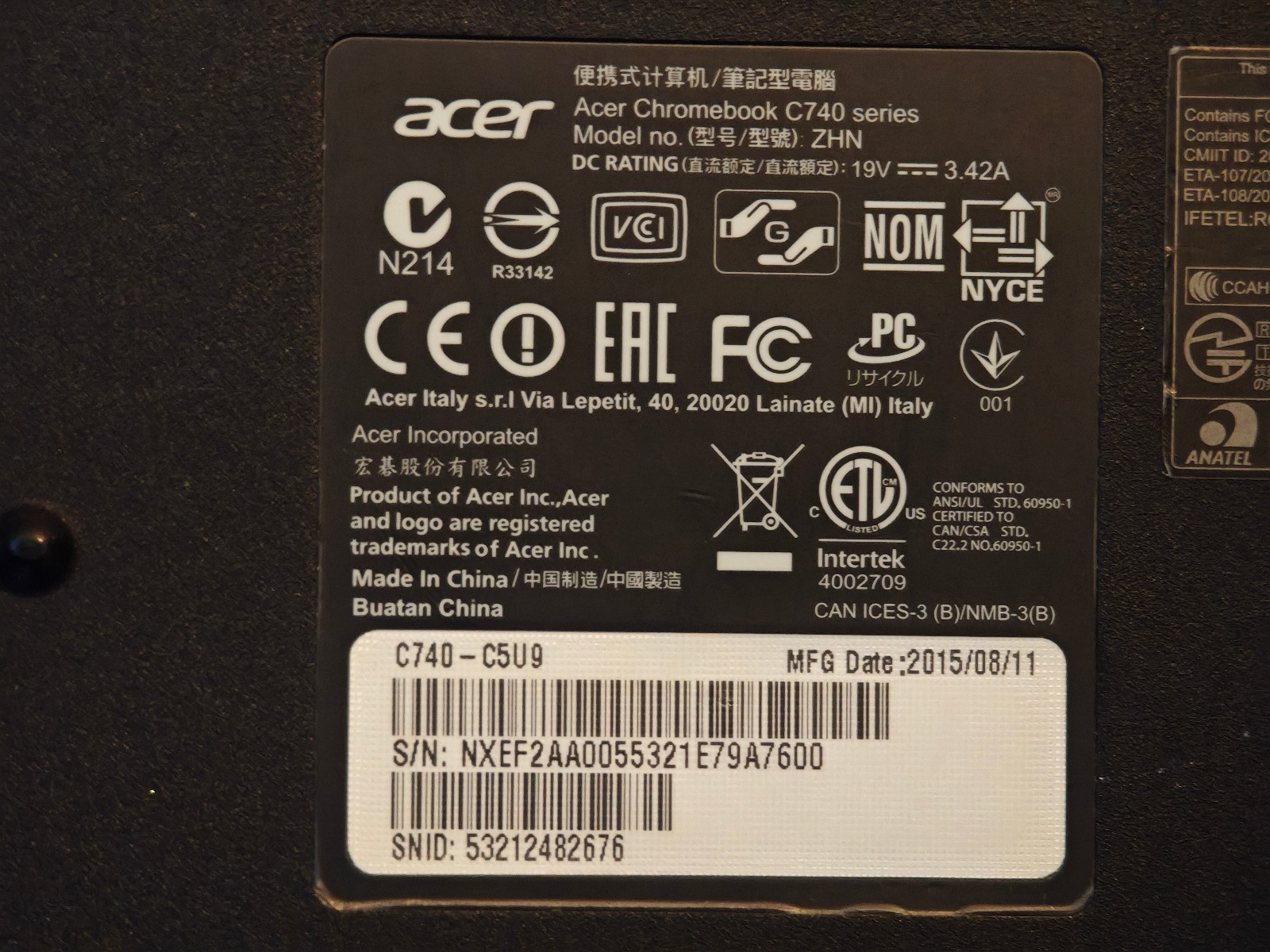 Acer Chromebook C740-C5U9 – 16GB SSD, 4GB RAM, Intel Celeron 3205U; NO CHARGER
