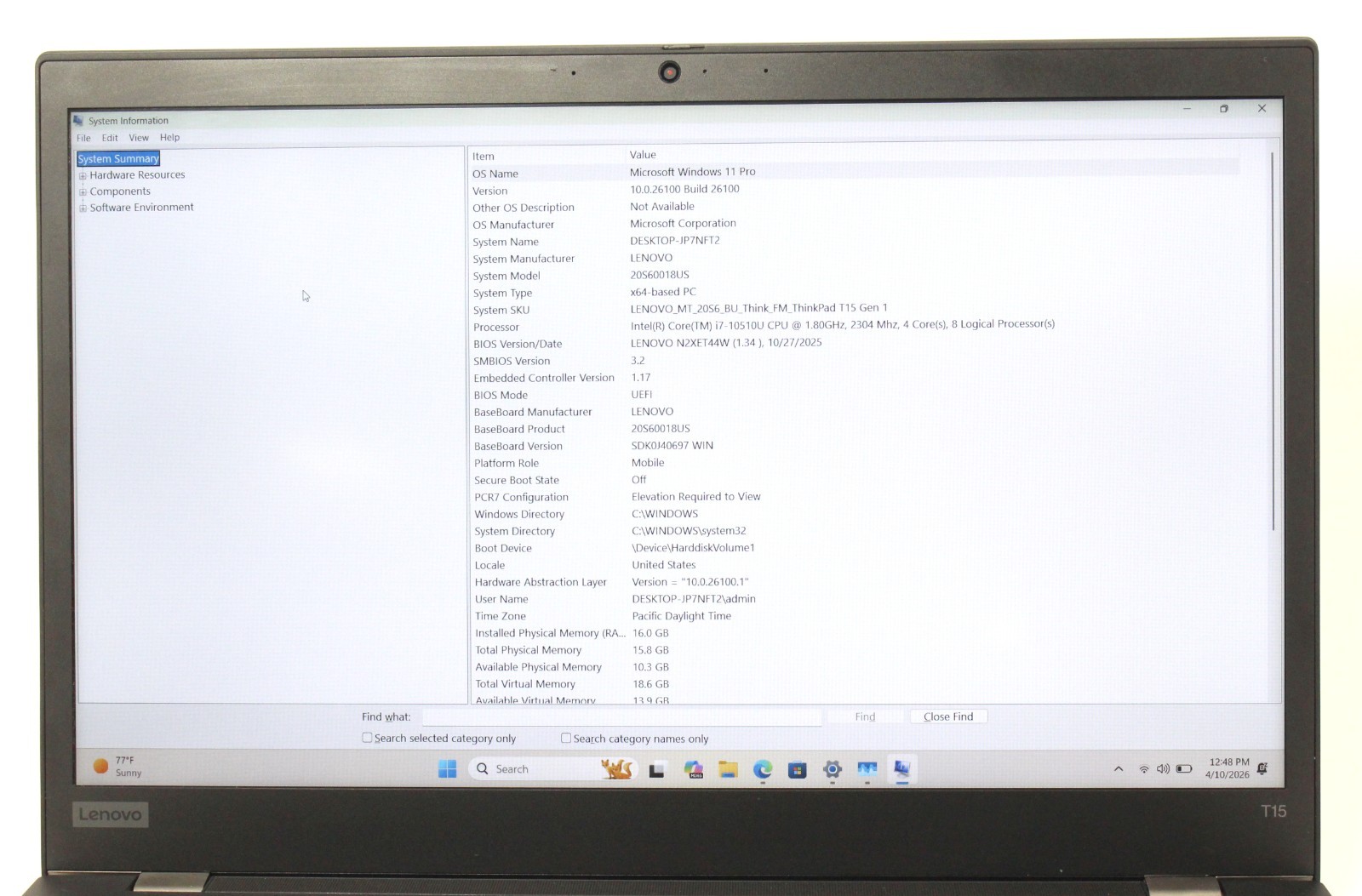 Lenovo Thinkpad T15 Gen 1 15″ 1.80 GHz i7-10510U 256GB SSD 16GB RAM ; 6176805