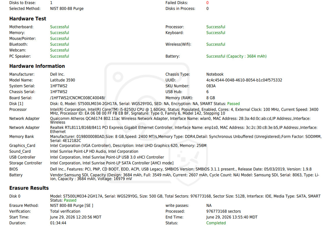 Latitude 3590 Intel(R) Core(TM) i5-8250U CPU @ 1.60GHz-8GB RAM-500GB HDD-NO OS