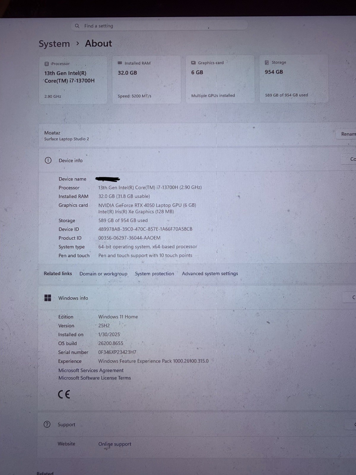 Laptop – Microsoft Surface Studio 2 4050 RTX (32GB RAM) (64bit operating system)