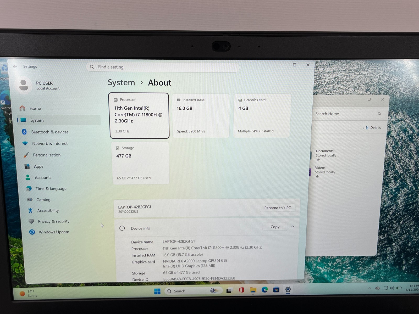 Lenovo P15 Gen2 i7-11800H 16GB 512GB RTX A2000 3 Batt Cycles MINT, READ