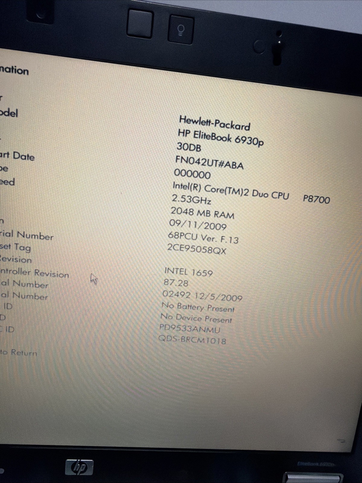 Hp Elitebook 6930p 14″ Laptop Core 2 Duo P8700 2gb Ram No Drives Boots Bios