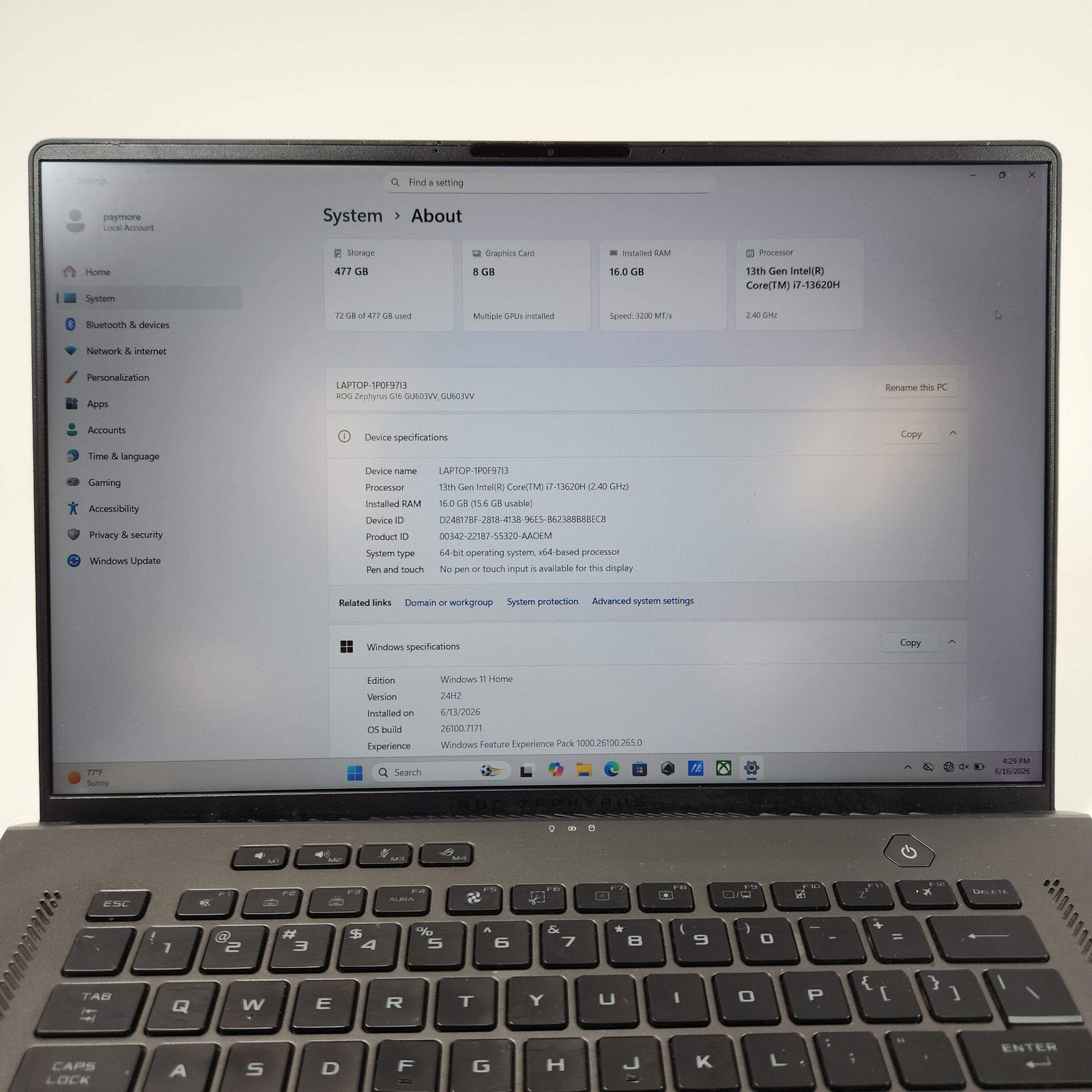 Asus ROG Zephyrus G16 GU603 16″ i7-13620H 2.4GHz 16GB RAM 512GB SSD 4060 READ