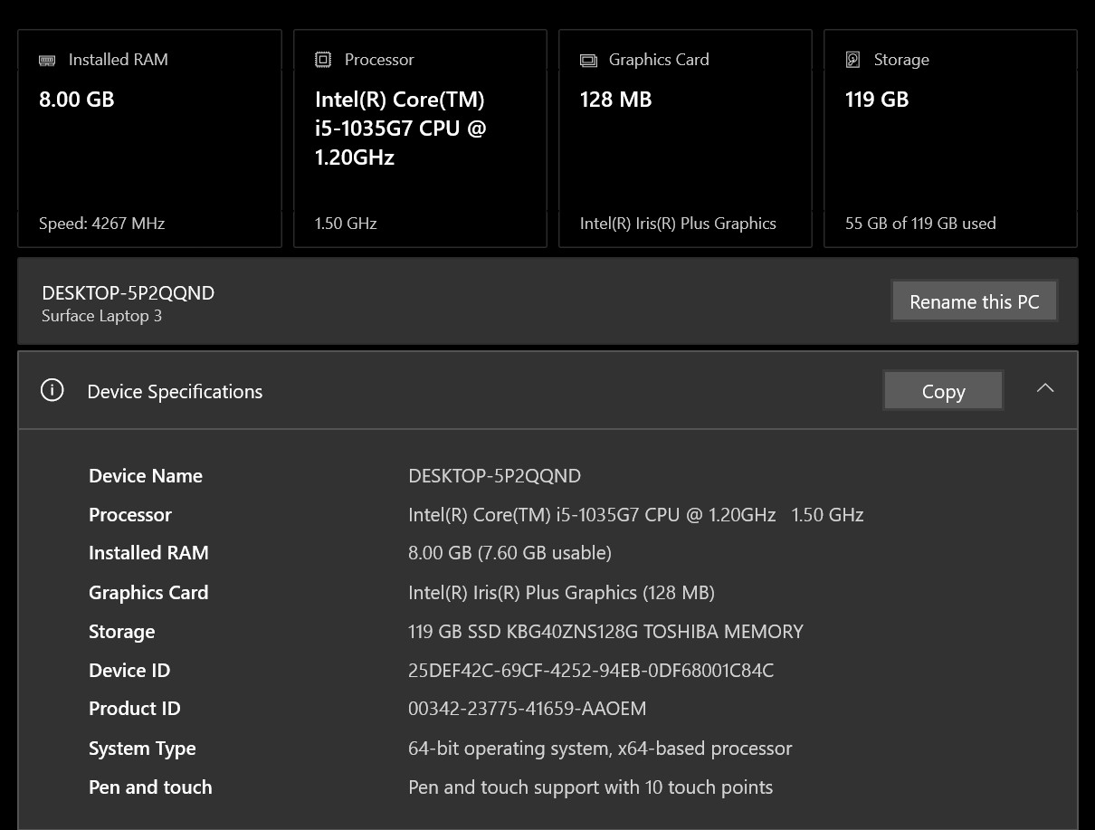 Microsoft Surface Laptop 3 13.5″ (128GB SSD, Intel Core i5 10th Gen, 8GB Ram)