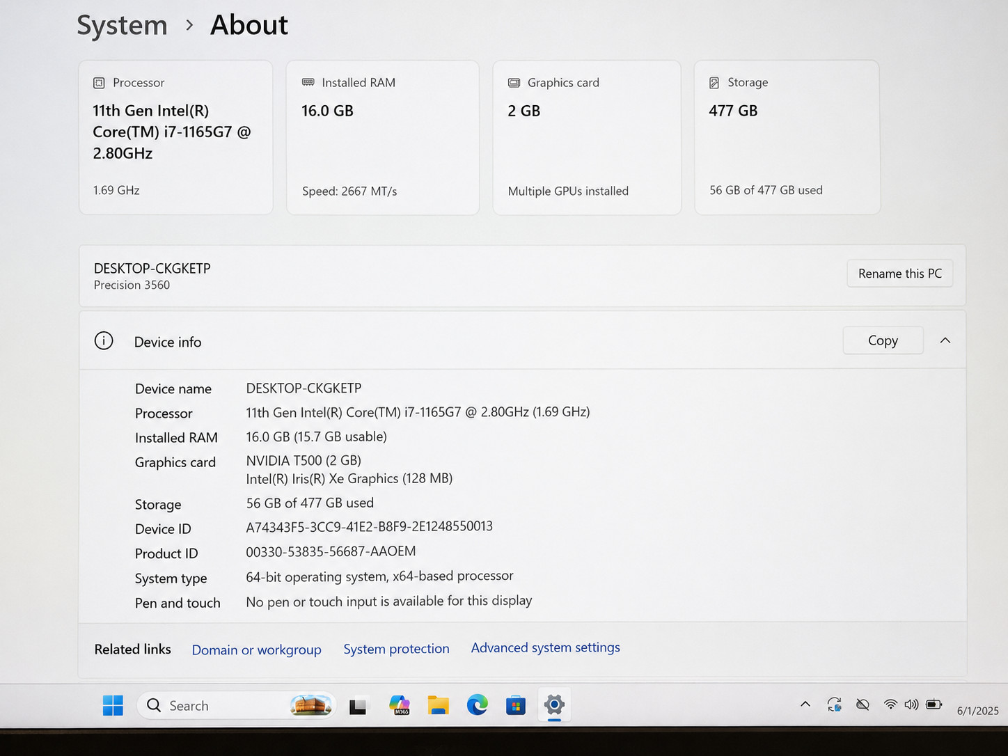 Dell Precision 3560 i7-1165G7 16GB 500GB SSD NVIDIA T500 Win11 Pro