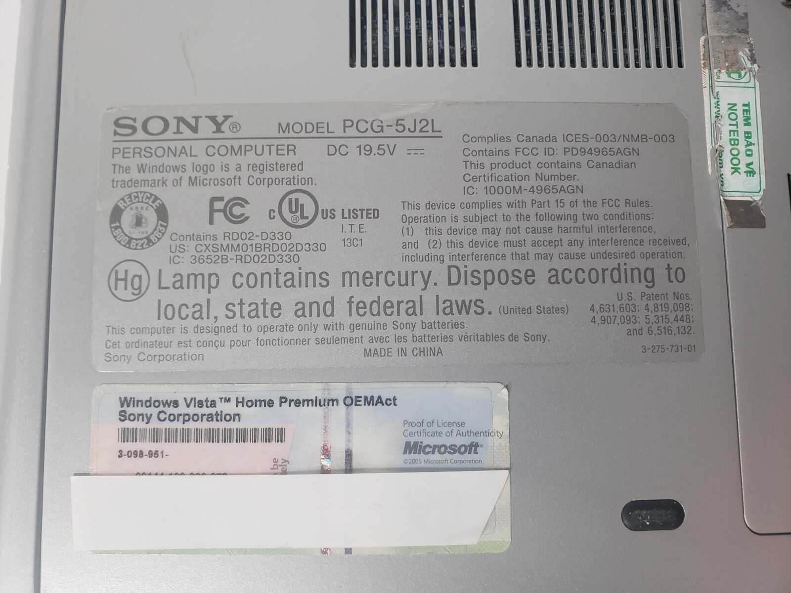 Sony Vaio CR pcg-5j2l Core 2 Duo T7500@2.20GHz 4GB RAM 200GB HDD Vista READ